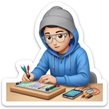 An emoji of an engineer working on a complex breadboard with many colorful wires and components. A Wi-Fi signal icon pulses above their head. They wear a hoodie and have a focused expression. Simple, cute, icon style. sticker