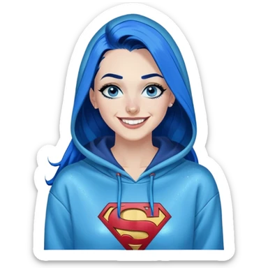 Laughing-30-year-old-adult-long-straight-dark-blue-hair-with-glitter-blue-eyes-thick-black-eyeliner-really-thick-really-long-eye-lashes-sky-blue-superman-no-ears-hoodie-sweatshirt-pierced-nose sticker