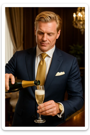 A strong, wealthy, smart, opulent white man with blonde hair, looking healthy and well-suited, pouring a glass of champagne. sticker