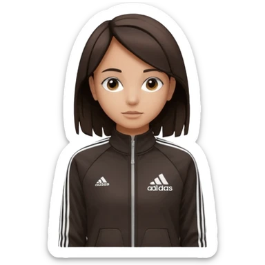 A girl with  medium-length, dark brown hair. The style is a soft, layered cut that falls around her shoulders. wore black Adidas track jacket with white stripes on the sleeves. It has a full zipper down the front, a stand-up collar, and the Adidas logo on the right chest emoji sticker