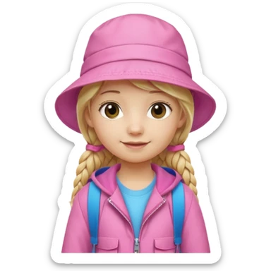 Little student, long braid blonde, wears pink bucket hat and jacket, backpack, happy sticker