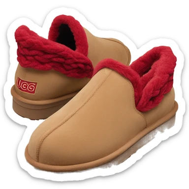 Camel colored platform slip-on UGG slippers. has a Very thin red woven zig-zag trim on the cuff sticker