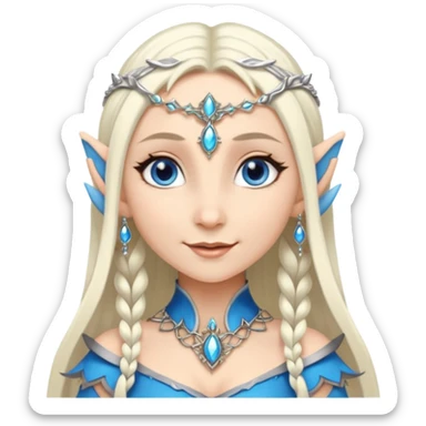 elf princess with pointy ears, white skin, silverblond hair with jewellery, blue eyes, gentle smile sticker