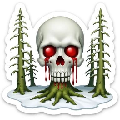 A surreal Alaskan snow covered landscape with mossy trees, in the style of your bleeding skull art. sticker