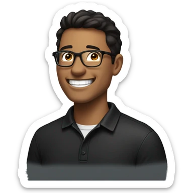 latino laughing male data science engineer with closely shaved dark brown hair and five o clock shadow wearing a black polo shirt and glasses, not a full body sticker