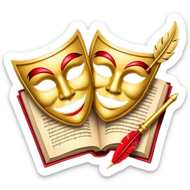 Create a bold and dramatic emoji representing the art of playwriting. The design should feature an open script or a theater playbook, with stylized text lines or dramatic dialogue inside. Include elements like a theatrical comedy and tragedy masks, a stage spotlight, or a quill to symbolize creativity and performance. Use deep, contrasting colors like red, black, and gold to evoke the intensity and passion of drama. The overall design should feel dramatic, inspiring, and artistic. Make the background transparent. sticker