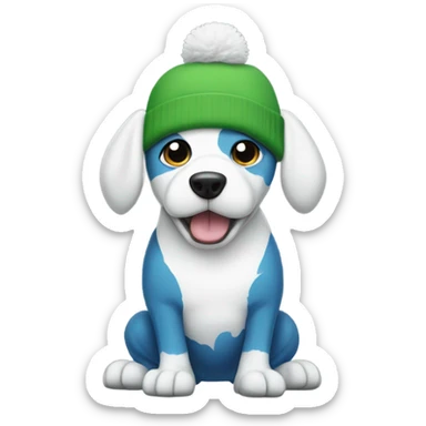 White dog with green beanie with a frog on the beanie, the dog is white, and also has a blue tanktop and baggy jeans, the dog is also standing up on its legs. sticker