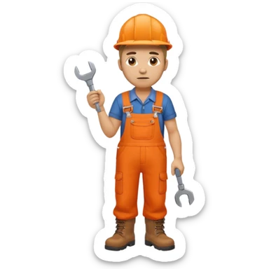 railway engineer, looking tired in orange overalls, boots, holding a spanner emoji sticker