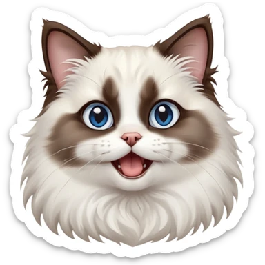 cinematic-adorable-big-eyed-fluffy-dark brown and white ragdoll-cat-portrait-emoji,-head-tilted-playfully-with-a-cute,-yawn,-soft-brown-and white-colored-fur-with-darker-points-on-the-ears,-simplified-yet-irresistibly-cute-features, sparkling blue eyes sticker