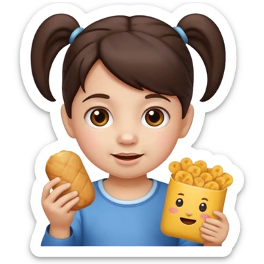 Toddler emoji with two pigtails dark brown hair, fair skin, holding snacks sticker
