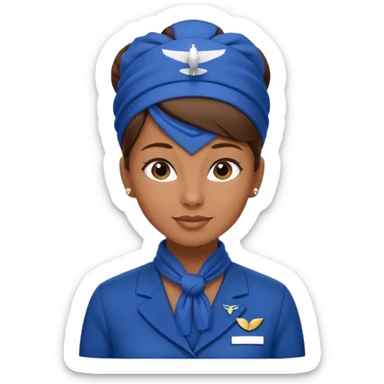Brown tan skin flight attendant, brown hair in a bun, blue uniform, blue scarf sticker