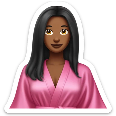 Tanned woman with long black hair wearing a silk pink Victoria’s Secret robe sticker