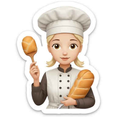 Young female baker - wearing a white chef's hat, holding a cream piping bag and bread in her hand sticker