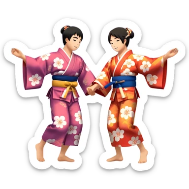 Cinematic Realistic scene of two performers engaging in Bon Odori, dressed in traditional yukata with intricate summer patterns, captured in graceful, rhythmic motion with warm, festive lighting sticker