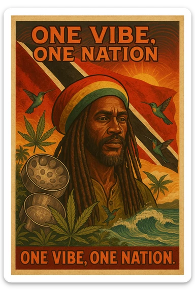 Create a vibrant digital illustration in vintage poster style featuring a proud Trinidadian Rasta man with long dreadlocks and a bold red, gold, and green tam. The background should incorporate the Trinidad and Tobago flag in a stylized, textured way — using deep red, black, and white tones that blend with tropical elements. Surround the figure with iconic cultural symbols like steelpan drums, ganja leaves, and hummingbirds in flight. Add warm Caribbean sunlight, ocean waves, and lush greenery to enhance the island energy. The Rasta man should radiate peace, power, and island wisdom — with bold facial features, calm expression, and a sense of spiritual presence. The overall tone should be rootsy, regal, and rich with island soul — merging reggae culture with Trinidadian pride. Optional accents: subtle soca rhythm lines in the background or a quote like “One Vibe, One Nation.” sticker
