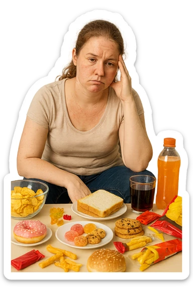 Donna tra i 25 e i 35 anni seduta sul divano o a un tavolo disordinato, circondata da cibi sparsi e poco sani: patatine, dolci, pane bianco, snack confezionati, bibite. con infiammazione e squilibri ormonali sticker