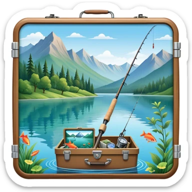 Icon for Fishing Travel: a fishing rod, tackle box and a boat on a calm lake surrounded by mountains and lush greenery, with fish jumping out of the water. The icon should capture the peaceful and adventurous nature of fishing trips. Transparent background. sticker