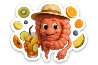 EMOJI STILE IPHONE DI INTESTINO UMANO REALISTICO CON CAPPELLO DI PAGLIA DA SPIAGGIA CHE BEVE UN Tè FREDDO IN BICCHIERE DI VETRO CON DENTRO  fette di cetriolo, limone, lime, DIETRO L'INTESTINO FLUTTUANO PEZZETTI DI Kiwi
Banana acerba
Arance e mandarini
Mirtilli
Ananas
Papaya
IPERREALISTICO 4K sticker