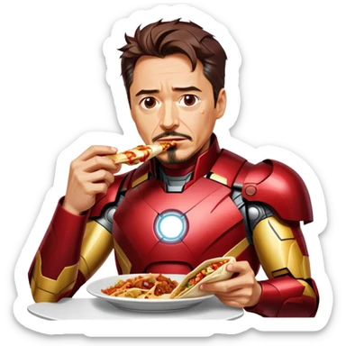 Tony Stark eating a delicious shawarma, wearing his Iron Man suit, looking satisfied and slightly messy, with a bite taken out of the wrap, sauce dripping a little, neon city lights in the background, comic book style, vibrant colors. sticker
