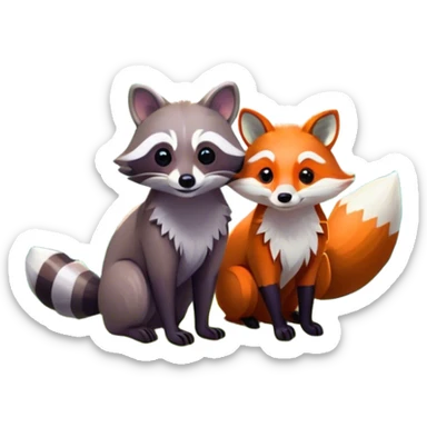 Collage of a raccoon and a fox, in close-up, surrounded by a colorful forest with rich green trees, thick bushes, and vibrant foliage. Sunlight peeks through the branches, casting warm light on the animals. A lively, natural setting with a transparent background. sticker