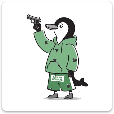 A cute but tough half-dolphin half-penguin thug holding a small gun, wearing a green hoodie with blood stains and Dollar General branded shorts sticker