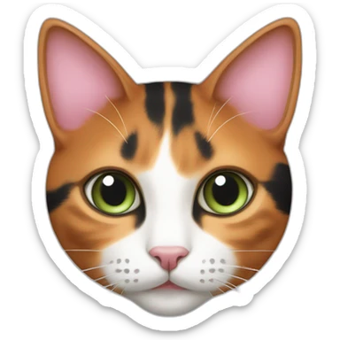 young striped calico cat face with a pink nose, white chin, green eyes, and orange/brown markings, orange tip on one ear sticker