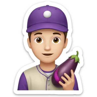 young man with baseball cap with eggplant sticker