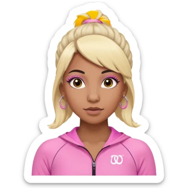 crée moi une jeune adulte brownskin au yeux brider marron foncer et une perruque blonde avec des baby hairs , un ensemble lululemone rose percing au nez et les oreilles remplis un petit full face de londonniennes des gros faux cils bien charger  sticker
