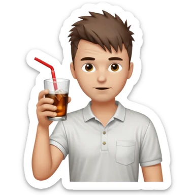 Handsome male.short messy brown hair.mowhawk hairstyle. wearing white golf shirt.grey shorts. Drinking brandy and coke . Drunk. No straw sticker