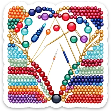Create a harmonious and well-composed icon that represents the hobby of beadwork. The design should feature colorful beads, thread, and a beading needle or tool in a balanced arrangement. The elements should flow naturally, reflecting the creativity and precision of the craft. Ensure the composition is clean and aesthetically pleasing, with vibrant yet balanced colors. The background should be transparent. sticker
