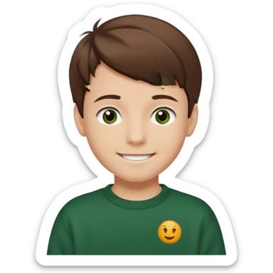 a smiling boy with brown hair and white skin he has dark eyes and he is wearing a dark green sweatshirt sticker