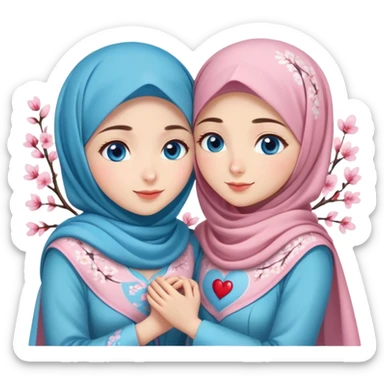 Two friendly Turkish girls beautiful finish Konya blue eyes with cherry blossom hijab and heart dress and hugs  sticker