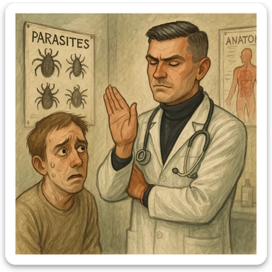 Create a semi-realistic or expressive style image of a male doctor inspired by the reference image, wearing a white coat. The doctor is ignoring a diagnostic chart with parasites, making a dismissive hand gesture. The patient has a worried face. The background is clinical with posters. The mood is critical and ironic. sticker