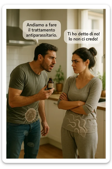 A highly realistic, cinematic photo of a young couple in their early 30s having an argument in a bright modern kitchen. The man, athletic build, wearing a casual T-shirt and jeans, is speaking firmly with a raised hand holding a small amber glass bottle labeled with a subtle herbal symbol, saying 'Andiamo a fare il trattamento antiparassitario' with a determined expression. The woman, with long dark hair tied in a messy bun, casual home outfit, crosses her arms with an angry, defensive expression, replying 'Ti ho detto di no! Io non ci credo!' while slightly turning away. Tension is visible in their body language, with the man leaning forward trying to explain and the woman leaning back, her eyebrows furrowed. Around them, subtle ghostly overlays of microscopic parasites are faintly visible near their abdominal areas, symbolizing the hidden reason for the argument. The kitchen is bright and modern with plants and natural light, contrasting the emotional tension. The style is hyperrealistic with warm tones and shallow depth of field focusing on their facial expressions, illustrating the conflict between belief in natural treatments and skepticism within the couple regarding hidden parasitic infections. in italiano sticker