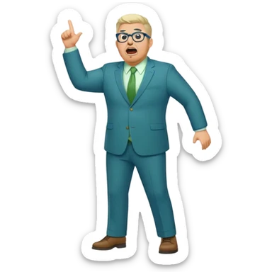 Full Body plus size white male yelling basketball team manager with glasses blondish gray short hair with a goatee wearing blue and green suit sticker