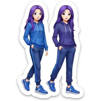 female with slim hourglass shaped body, purple long hair, wearing a blue sweater, dark blue sweatpants, and black sneakers, full body view sticker