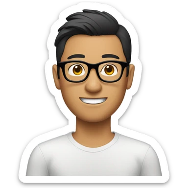 Asian guy with tanned skin and glasses editing videos on a computer sticker