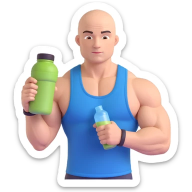 emoji of muscular bald man resembling Dwayne Johnson flexing with a protein shaker, wearing a tank top sticker