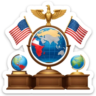 icon featuring podium with a speaker, russian and american flags, and voting ballots. The design includes a globe and scales of justice in the background, representing governance, global affairs, and political theory. Transparent background emphasizes civic engagement and policy. sticker