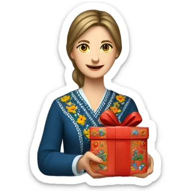 A female teacher in Ukrainian embroidery holds a gift in her hand sticker
