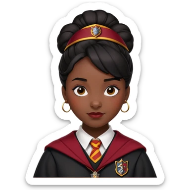 alicia spinnet in harry potter, wear hogwarts gryfindor uniform,  thick, black bun hair, black skin sticker