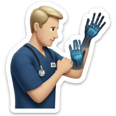 Man in navy scrubs looking at an arm X-ray  sticker