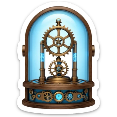 Portrait of a steampunk-style time machine with brass gears, glowing blue core, and glass dome sticker