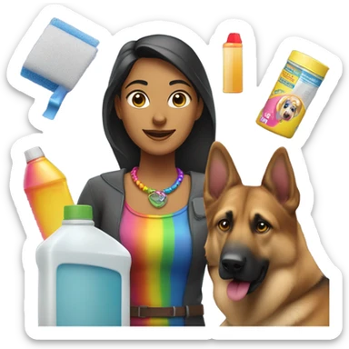 Indian woman with an excessive amount of cleaning supplies and German shepherd with rainbow collar sticker