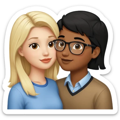 pretty blonde girl barbie kissing nerd with black hair and brown skin on the cheek sticker