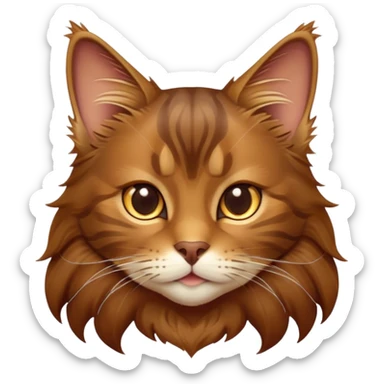 cinematic-cute brown-maine-coon-cat-portrait-emoji,-head-tilted-playfully-and-inquisitively,-sleek--brown-and-gold-tones-with-hints-of-deep-auburn-fur,-simplified-yet-adorable-features,-highly-detailed,-glowing-with-a-warm,-friendly-glow  sticker