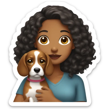a brown girl with black curly hair holding a beagle sticker