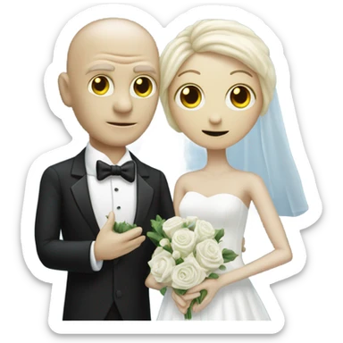 White humman man in a tuxedo, Alien reprilian woman in wedding dress, and one , hands getting married sticker
