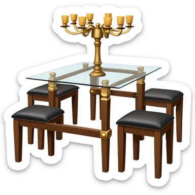 A glass topped ding table with 2 side benches and 2 thrones at the ends sticker