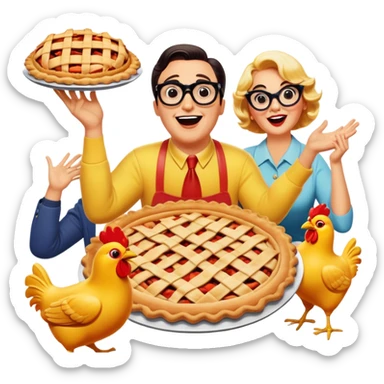 A vintage movie poster-style design featuring a playful, humorous scene with exaggerated characters. Include bright colors, clumsy actions, and classic comedy props like pies, rubber chickens, and oversized glasses. Retro cinematic vibe with a cheerful atmosphere. Transparent background. sticker